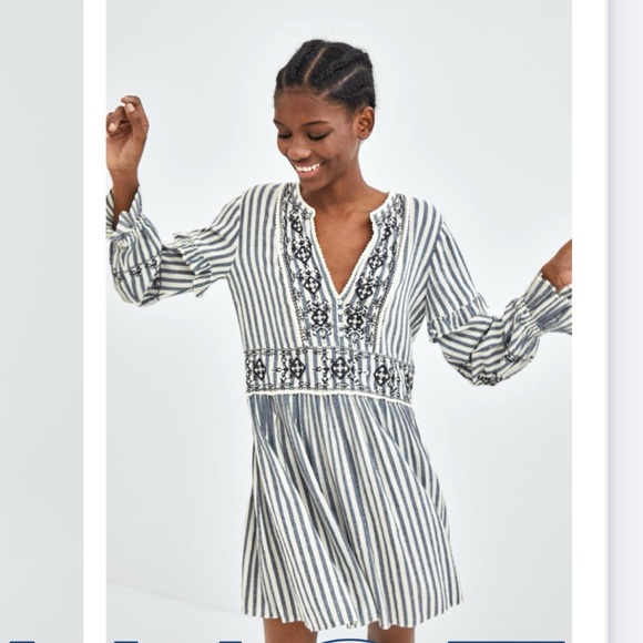 Zara Cotton mini dress long sleeves stripes blue white - Picture 1 of 9